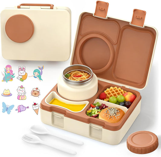 🍱 Bento Box for Kids, Leakproof Kids Bento Lunch Box Container with 8oz Insulated Thermo Food Jar, Sauce Jar, Utensil, DIY Stickers for School Boys Girls, 3-4 Compartments, BPA-Free