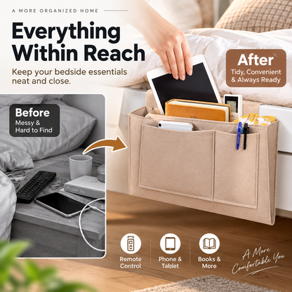 🛏️50% OFF NOW! Bedside Hanging Storage Bag‑Multi‑Pocket Bed Caddy Organizer, Felt Hanging Pouch for Dorm Bunk Bed Hold Tablet Book Phone Stationery