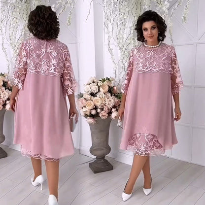 👗 50% OFF! Sheer Lace Midi Dress – Flattering round neck, soft & wrinkle-resistant. Sheer sleeves add elegance. Pink & blue, sizes up to 5XL. Every curve celebrated. 🎀✅