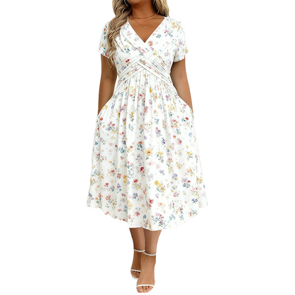 Women's V-Neck Floral Print Dress with Twist Waist