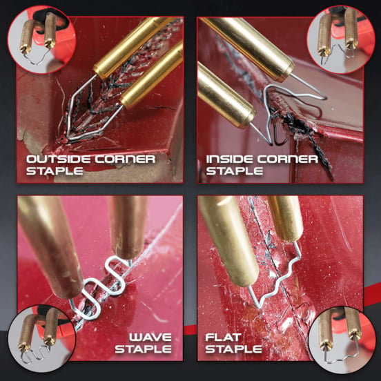 Original product demonstration graphic showing multiple hot stapler repair staples and their plastic crack applications