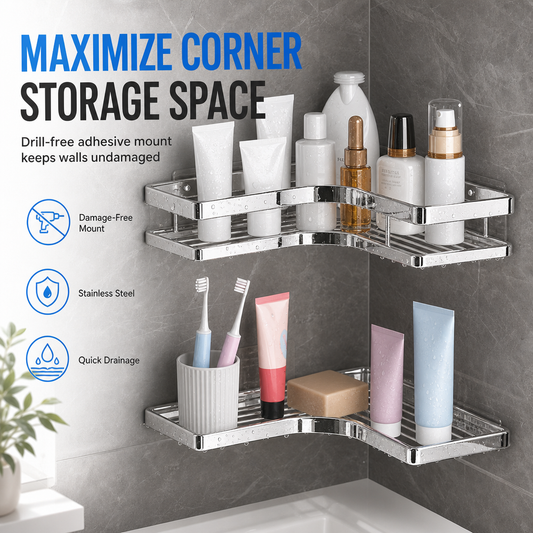 No Drill Bathroom Corner Shelf with 8mm Thickened Flat Bar Triangular Shower Organizer Rack